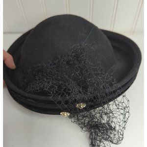 Vintage Glenover Hat Navy Blue Felt Wool Ladies Veil Casual  50s ? With Hat Box‎